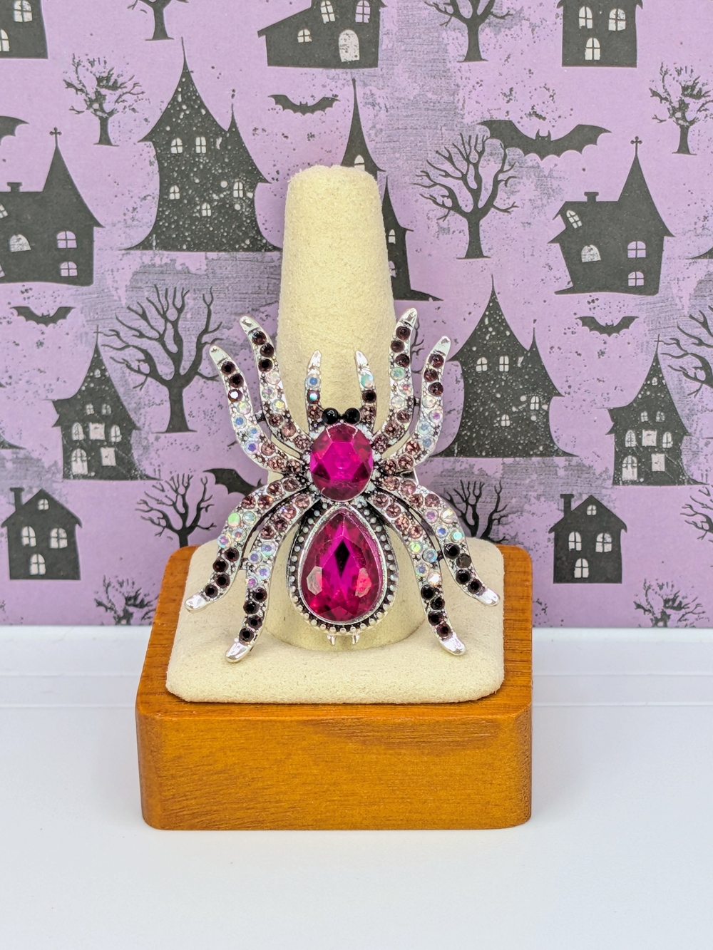 Pink Faux Crystal Spider Brooch with Clear & Black Rhinestones
